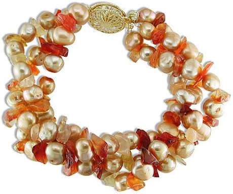 Pearl Esence Yellow-Gold 3 Strand Gold Cultured Freshwater Pearl Bracelet w/ Carnelian