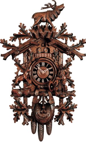 River City Clocks MD879-33 Eight Day Musical Cuckoo Clock with Dancers, Woodsman, Ram, Elk, And Oak Leaves