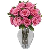 One Dozen Dark Pink Roses with Hourglass Vase