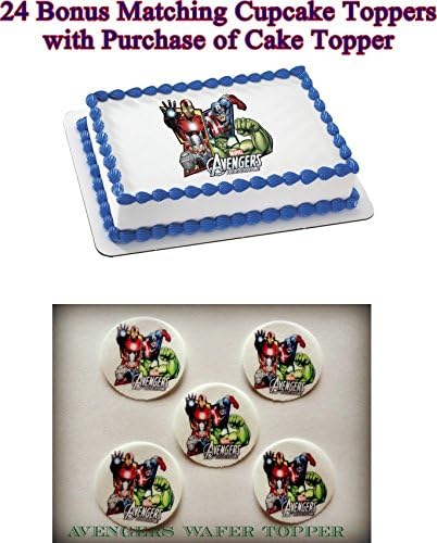 AVENGERS CLASSIC READY FOR BATTLE 24 BONUS CUPCAKE TOPPERS with purchase of 1/4 Sheet Cake Topper Edible Image Picture Frosting Sheet Cake Topper