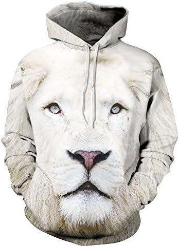 TINGHON Unisex White Tiger 3D Digital Print Pullover Hoodie Hooded Sweatshirt (X-Large, White Lion)