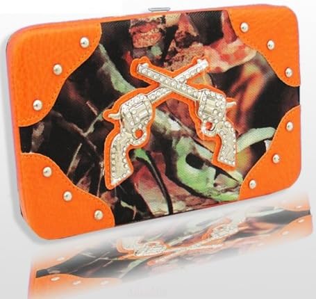 Orange Camo Fashion Double Pistol Wallet Wtih Rhinestones