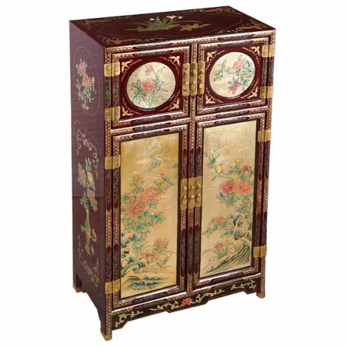 EXP Handmade Asian Furniture 43-Inch Antique Style Gold and Red Four Seasons Wood Storage Cabinet