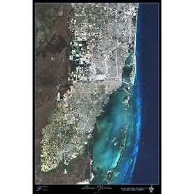 Miami, Florida from space satellite print/poster photograph and map: 24"x36" glossy