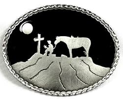 PRAYING COWBOY BLACK ENAMEL PEWTER BUCKLE, RELIGIOUS BUCKLE