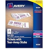 Avery Tickets with Tear-Away Stubs, 1.75 inches x 5.5 inches, Matte White, Pack of 200 (16154)