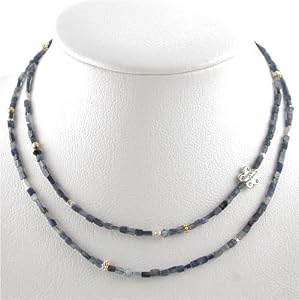 Double Strand Iolite Gemstone Bead Choker Necklace with Czech Glass and Butterfly in Sterling Silver and Gold Vermeil, 16" Length, #9015