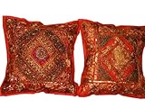 Indian Gift Idea-2 Alizarin Crimson Sequin Embroidery Sari Toss Pillow Cushion Covers