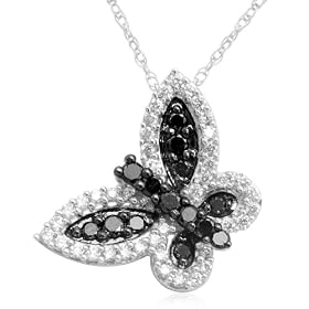 10k White Gold Black & White Diamond Butterfly Pendant (1/2 cttw, I-J Color, I3 Clarity), 18”