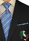 Berioni Hand Made in Italy 100% Woven Silk Mens Neck Tie + Pocket Square Jacquard Woven Tie and Hanky Set Blue White P2