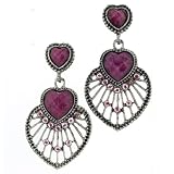 Silver-tone Ornate Heart Fushia(lab-created)gem Post Earrings