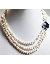 3 Strands Elegant Natural Graceful Pearl Beaded Necklace with 925 Sterling Silver Oval Sapphire Clasp