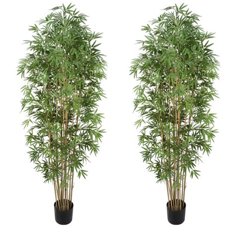TWO Pre-potted 7′ Artificial Bamboo Trees with Real Bamboo Trunks