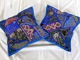 2 BLUE INDIAN MOTI SARI TRIBAL THROW PILLOW CASE COVERS