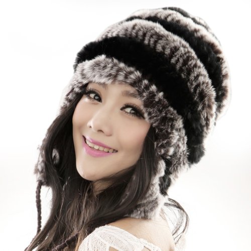 URSFUR Women's Rex Rabbit Fur Hats Winter Ear Cap Flexible Multicolor (Coffee & Black)