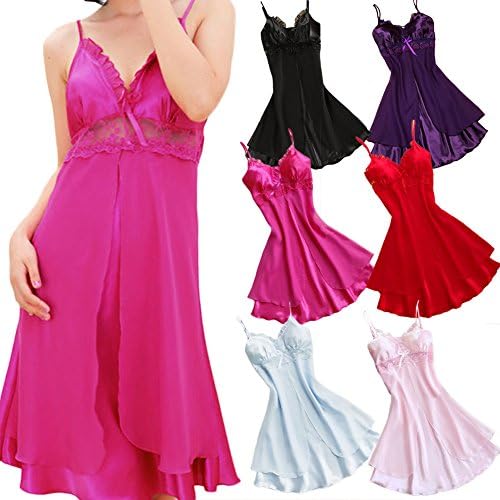 FUNOC® Sexy Womens Lingerie Babydoll Faux Silk Lace Sleepwear Pajamas Nightgown Dress