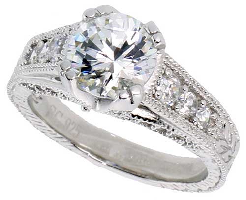 Sterling Silver Vintage Style Engagement ring, w/ an 8mm (2.0 ct) Round CZ Stone, 3/8 (9mm) wide