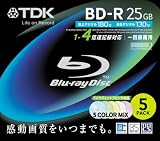 TDK 録画用ブルーレイディスク 25GB BD-R(1回録画用) 4X 5色カラーワイドプリンタブル 5mmケース 5枚パック BRV25PWMB5S