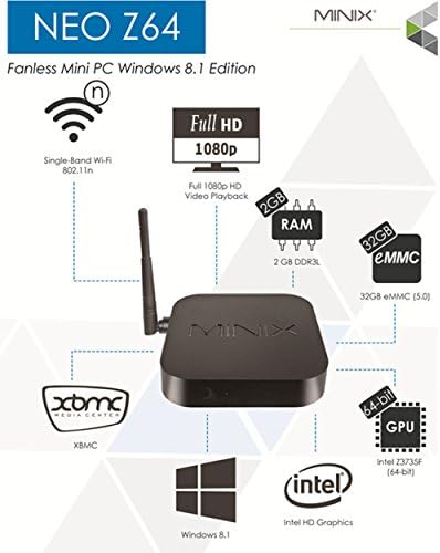 Minix Z64 Windows 8.1 Smart TV Box Z3735F CPU 64 Bit 2GB Ram 32GB eMMc Rom Bluetooth 4.0 Full HD Streaming Media Player+GP800 Mini Touchpad Wireless Keyboard & Mouse+USB&Micro USB Mini Air Fan