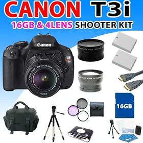 Canon EOS Rebel T3i 600d Digital SLR Camera with 18-55mm Is Lens, 3 Extra Lenses, 2x Extended Battery, 16gb Sdhc Memory, Hdmi Cabel, 57 Inch Aluminum Tripod and More - (16gb + 4lens Professional Kit)