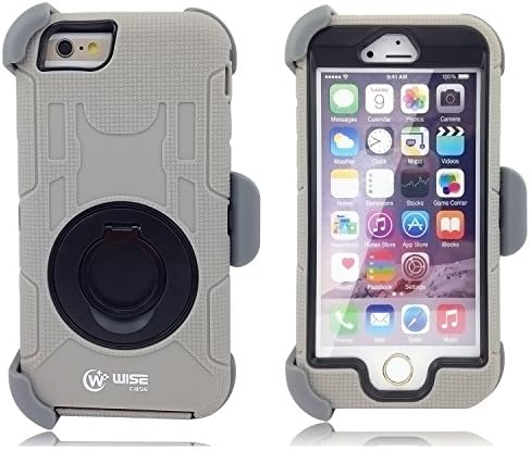 Wisecase ® Shock&amp;drop-proof Amy-grade Protective Hard Defender with 360 Degree Rotating Ring Bracket Protective Case and Tpu Rubber &amp; Silicone Case with Stand &amp; Clip Three Layer Hard Shell Cover Holster for Apple Iphone 6 4.7" (Grey+Black)