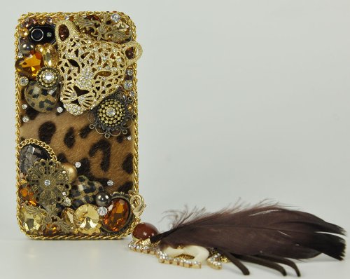 Discount 3D Swarovski Leopard Crystal Bling Case Cover for iphone 4 / 4s AT&T Verizon & Sprint with detachable phone charm