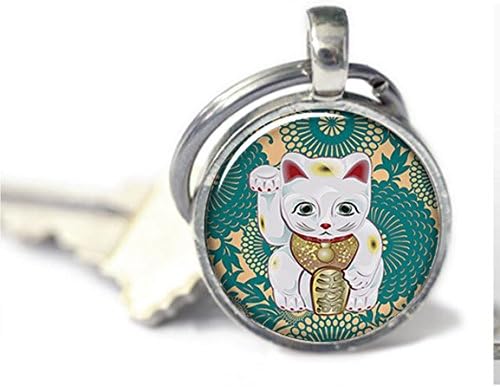 Maneki Neko Teal Art Keychain Charm, Lucky Cat Keychain Charm, Lucky Cat Jewelry, Cat Jewellery Keychain