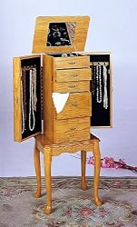 Oak Finish Queen Anne Style Jewelry Armoir with Inset Mirror