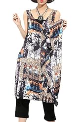 V-neck Sleeveless Summer Flared-Skirt Illusion General Print Polyester Tunic 