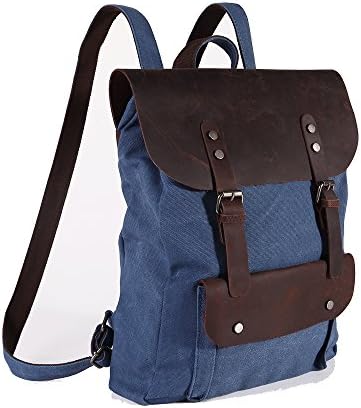 LifeWalker Men's Women's Vintage Canvas Travel Rucksack Backpack Genuine Leather Casual School Packsack Bag (Blue)