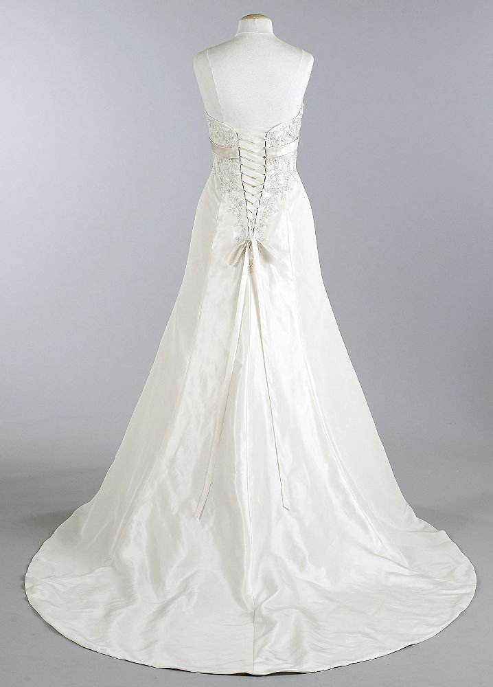 David's Bridal Collection Wedding Dress: Satin Trumpet Gown with Beaded Metallic Lace Style