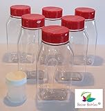 16 oz Clear Plastic Spice Bottle with Lined Red Caps - 6 Pack (BONUS 1oz Spice Jar)