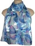 BLUE AND PURPLE ABSTRACT ELLIPTICAL PRINT SATIN STRIPE SASH BELT / HEADBAND / OBLONG SCARF