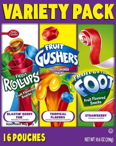 Betty Crocker Variety Pack, Gushers, Fruit Roll-Ups, Fruit By The Foot (Flavors May Vary), 16-Count Pouches (Pack of 3)