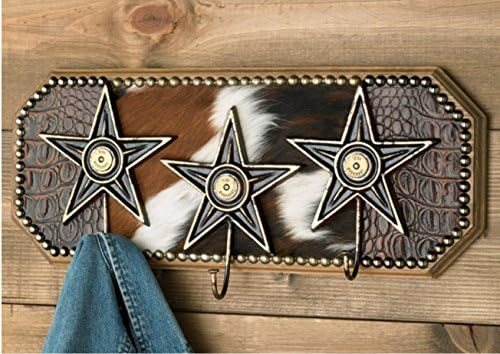 Beautiful & Rustic Buckshot Accent Wood & Cowhide Star Hook Key Coat Hat Rack