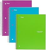 Five Star Spiral Notebook, 1 Subject, 100 College Ruled Sheets, Teal, Lime, Berry Pink/Purple, 3 PACK (73053)