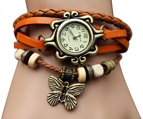 PPPerson Fashion Butterfly Pendant Quartz Retro Weave Wrap Around Leather Bracelet Lady Woman Wrist Watch