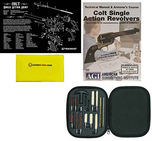 Ultimate Arms Gear Gunsmith & Armorer's Cleaning Work Bench Gun Mat Colt Single Action Army Revolver + Professional Cleaning Tube Chamber Care Supplies Kit Deluxe 17 pc Handgun Pistol Cleaning Kit for .22 / .357 / .38 / 9mm / .44 / .45 Caliber Brushes, Swab, Slotted Tips and Patches + American Gunsmithing Institute Pistols Armorer's Course + Gun Care and Reel Silicone Cleaning Cloth