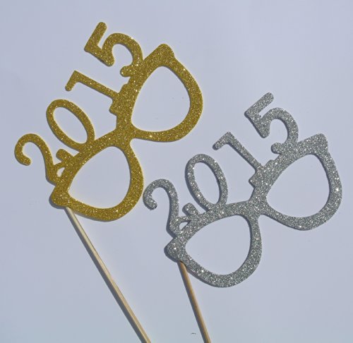 2015 Glasses Photo Booth Props Glasses on a Stick New Years Celebration Gold and Silver