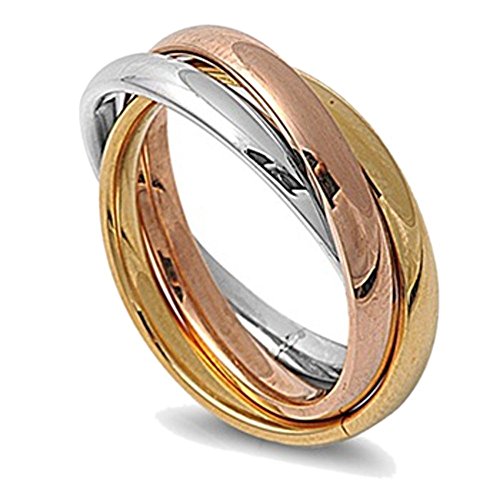 3MM Stainless Steel Tri color Interlocked Rolling Band Ring (Size 3 to 13)