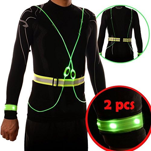 Deercy LED Light Reflective Vest, 2 LED Wristbands, LED Light Bag Hanging, For Night Running, Jogging, Cycling, Hiking, Party (green)