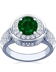 14K White Gold Round Cut Emerald Ring With Sidestones