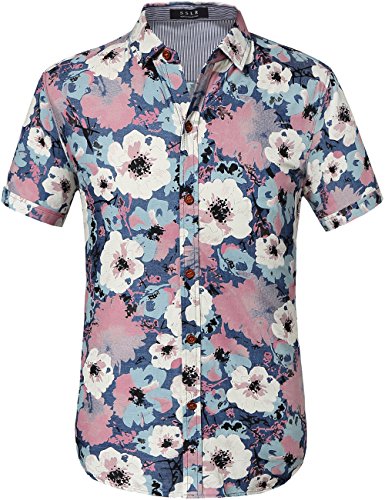 SSLR Men's All Over Printing Short Sleeve Denim Shirt (Medium, White Pink)