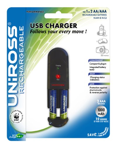 Uniross USB Charger + 2 x AAA 1000mAh Performance Batteries