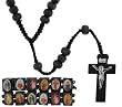 Black Rosary and Two Adjustable Wood Bracelets with Photographs - 22'' in Rosary Length