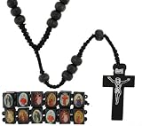 Black Rosary and Two Adjustable Wood Bracelets with Photographs - 22'' in Rosary Length