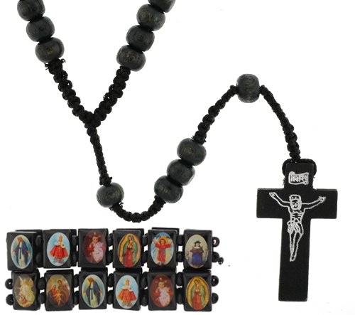 Wood Black Rosary and Two Adjustable Bracelets with Photographs 