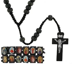 Black Rosary and Two Adjustable Wood Bracelets with Photographs - 22'' in Rosary Length