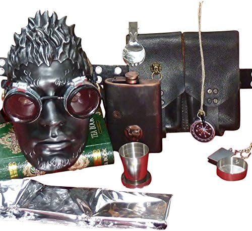 Steampunk Survival kit Burner goggles blanket lighter flask compass necklace cup spoon/fork side pouch with belt- LIMITED 2014