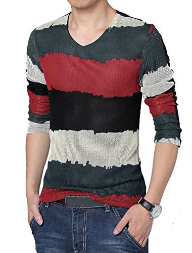 uxcell Men V Neck Color Block Stripes Splicing Cozy Fit T-Shirt